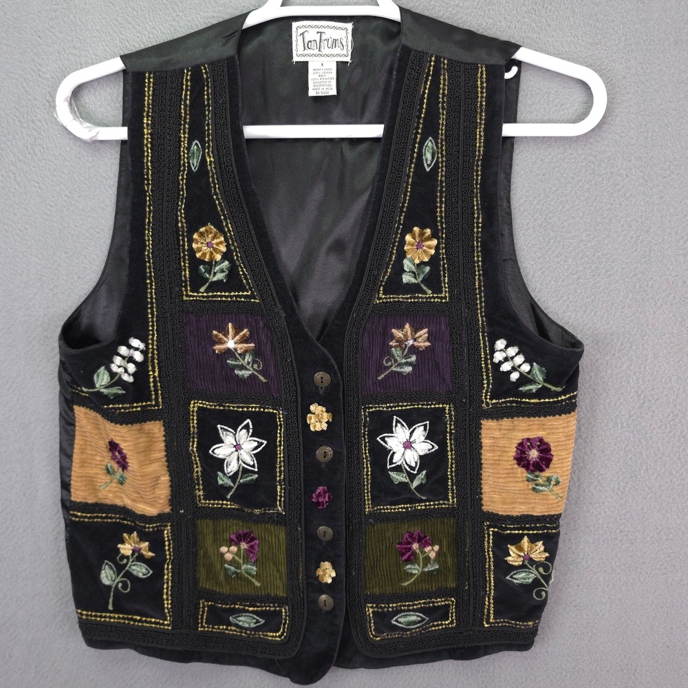 TanTrums Vest Floral Embroidery Patchwork Velvet Corduroy Black L Vintage 90s